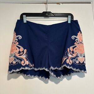Francesca's Alya Medium Navy and Peach Floral Embroidered Shorts. Scalloped Edge